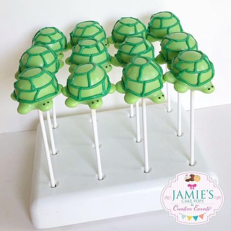 Cute little turtles! - Jamie's Cake Pops and Creative Events | Facebook Turtle Themed Food, Dinosaur Food Ideas, Turtle Cake Ideas, Turtle First Birthday, Turtle Cake Pops, Turtle Birthday Party, Turtle Birthday Cake, Dinosaur Food, Turtle Birthday Parties