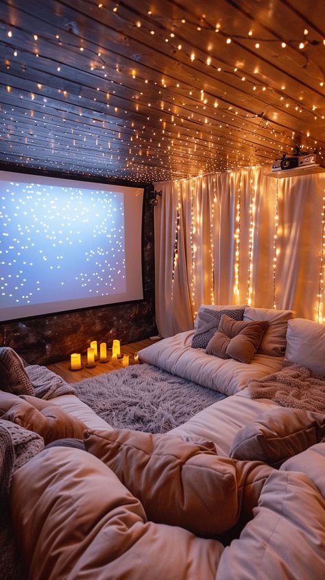 Cute Movie Room Ideas, Cosy Theatre Room, Movie Room Bedroom Ideas, Cute Hang Out Room, House Theatre Room, Tent Room Ideas, Mom Space Room Ideas, Secret Cozy Room, Couch Pit Movie Rooms