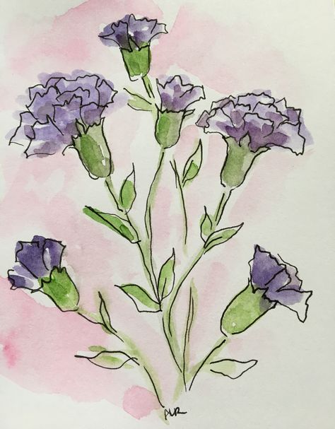 Small Watercolour Ideas, Purple Flower Painting Acrylic Easy, Pink And Purple Drawings, Happy Paintings Feelings Inspiration, Purple Aesthetic Drawings, Line Art With Watercolor, Watercolor Easy Painting, Flowers Drawing Watercolor, Watercolour Painting Easy