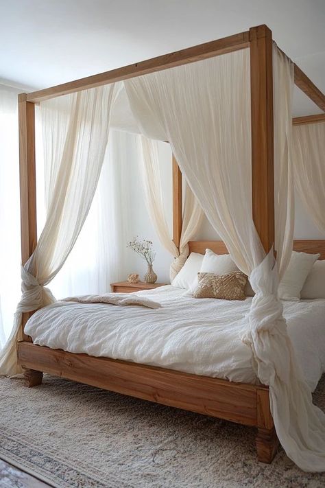 "Create a dreamy retreat with canopy beds and bed drapes! 🛏️✨ Perfect for adding elegance and romance to your bedroom decor. 🌟✨ #CanopyBed #BedDrapes #BedroomInspiration" Diy Four Poster Bed Canopy, Four Poster Bed With Curtains, 4 Poster Bed Canopy, Bedroom Set Designs, Bed Drapes, Canopy Bed Curtains, Dream Bedroom Inspiration, Canopy Beds, Chic Bedroom Decor