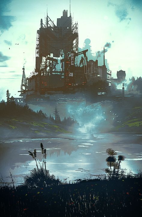 Fantasy Factory Art, Industrial City Art, Punk Types, Factory Concept Art, Factory Landscape, Sketch Landscape, Fantasy Factory, Steampunk City, Inspiration Moodboard