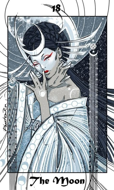 Phantom Rin, Tarot Card Artwork, Moon Tarot Card, The Moon Tarot Card, Tarot Card Art, The Moon Tarot, Moon Song, Time Drawing, Tarot Cards Art