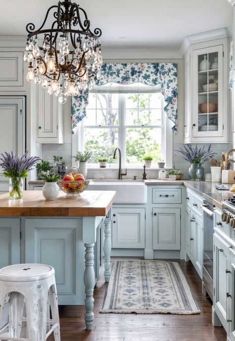 Rustic Kitchen Light Blue Country Kitchen, Blue Shabby Chic Kitchen, Blue Kitchen Cabinets Cottage, French Country Kitchens Blue, Country French Cottage Decor, Beige And Blue Kitchen Ideas, Blue Cream Kitchen, Old Southern Kitchen, Soft Blue Kitchen Cabinets