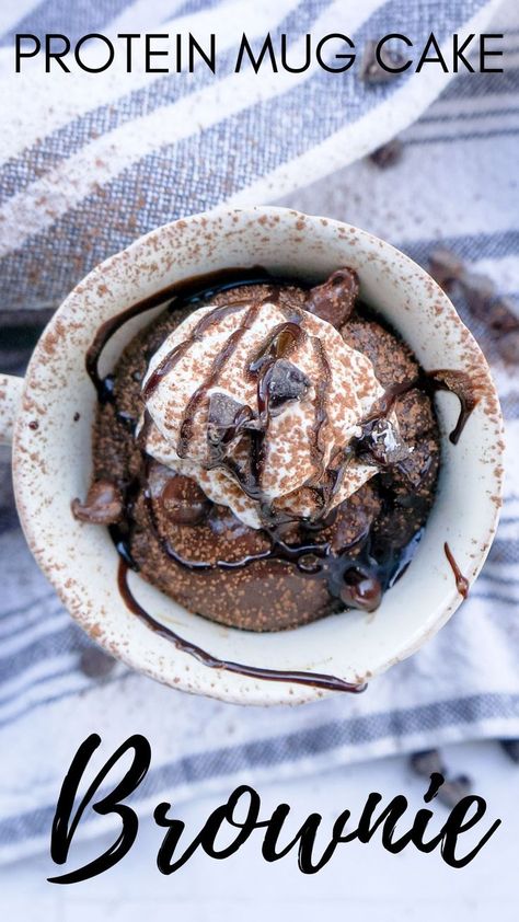 chocolate cake cooked in a coffee mug topped with chocolate syrup, whipped cream, and chocolate chips Mug Protein Cake, Protein Mug Cake Easy, Healthy Protein Mug Cake, Whey Protein Mug Cake Recipe, Mug Cake Protein Powder, Protein Powder Mug Cake Easy, High Protein Mug Cake, Protein Powder Mug Cake, Protein Powder Brownie