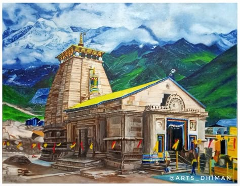 Kedarnath Temple Painting By @Dhiman Biswas Temple Landscape Painting, Kedarnath Acrylic Painting, Kedarnath Temple Painting Easy, Kedarnath Painting Canvas, Kedarnath Temple Watercolor Painting, Kedarnath Art Drawing, Kedarnath Temple Painting On Canvas, Kedarnath Mandir Drawing, Kedarnath Watercolor Painting