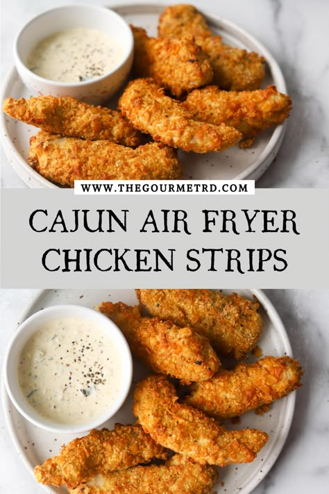 Cajun Air Fryer Chicken, Cajun Air Fryer Recipes, Corn Flake Chicken Tenders Air Fryer, Air Fryer Cornflake Chicken Tenders, Chicken Strip Recipes Air Fryer, Crispy Cajun Chicken, Cajun Chicken Tenders, Air Fryer Chicken Strips, The Best Air Fryer Chicken