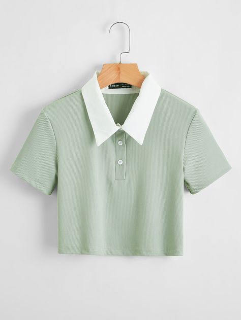 Collar T Shirts For Women, Soft Green Outfit Aesthetic, Collared Shirt Outfit, Green Collared Shirt, Preppy Shirts, Baseball Jacket Outfit, Green Preppy, Mint Shirt, Preppy Shirt