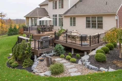 Multi Level Decks And Patios, Three Level Deck, Multi Level Deck Ideas On A Slope, Garden Ideas Sloped Yard, Tier Garden Ideas, Composite Deck Designs, 2 Level Deck Ideas, Multi Level Deck Ideas, Rooftop Room