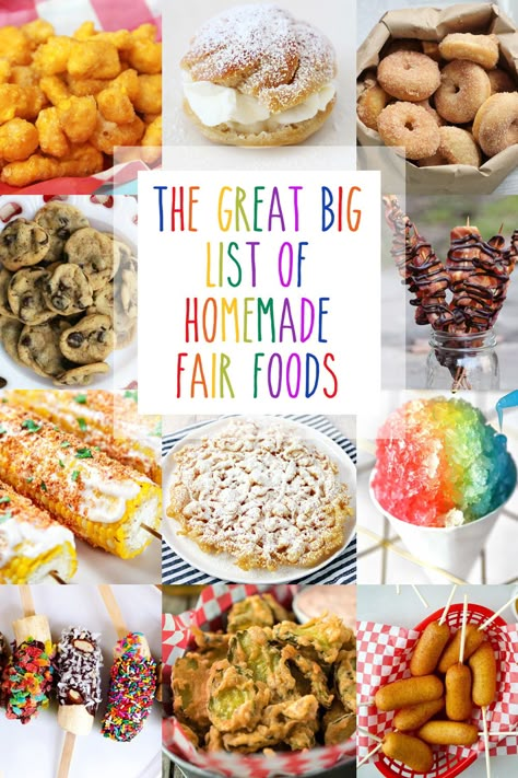 A collage of fair foods you can make at home. Best Food To Sell At Festivals, Easy Festival Food, Christmas Fair Food Ideas, Fair Food Dessert, Best Homemade Appetizers, State Fair Food Ideas, State Fair Theme Party Food, Copycat Fair Food Recipes, Boardwalk Food Ideas