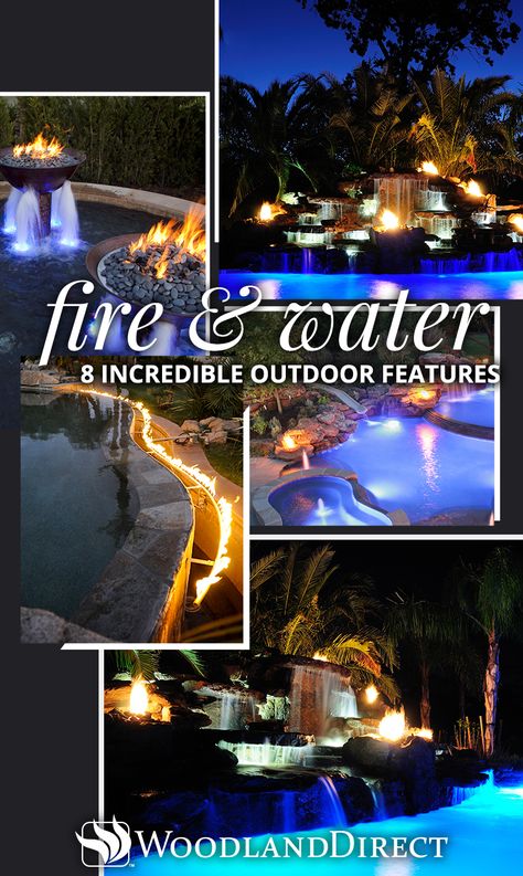 Fire and water create visually appealing displays that are equal parts exciting, mesmerizing, and relaxing when paired together. You may not think these two opposing elements would make a great match, but their differences actually complement each other in a way that heightens the beautiful qualities present in each. Check out these 8 incredible custom fire & water features! https://www.woodlanddirect.com/Incredible-Fire-and-Water-Features Swimming Pool Fire Features, Fire Pit With Water Feature Backyards, Fire Pit Waterfall Combo, Water And Fire Features For The Yard, Fire Water Fountain, Outdoor Fire Feature Ideas, Pool Waterfall With Fire Bowls, Pool With Fire Bowls Water Features, Pools With Fire Bowls