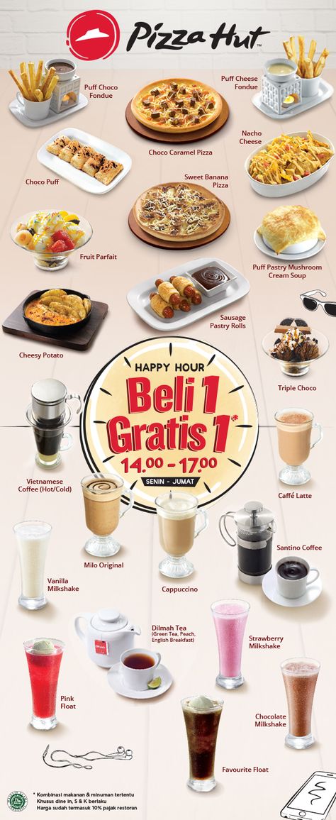 Menu Happy Hour - Pizza Hut Indonesia Pizza Hut Aesthetic, Pizza Hut Calories, Pizza Hut Pizza, Pizza Hut Quepapas Recipe, Taco Pizza Pizza Hut, Pizza Hut Menu, Menu Pizza, Nutrition Guide, Pizza Hut