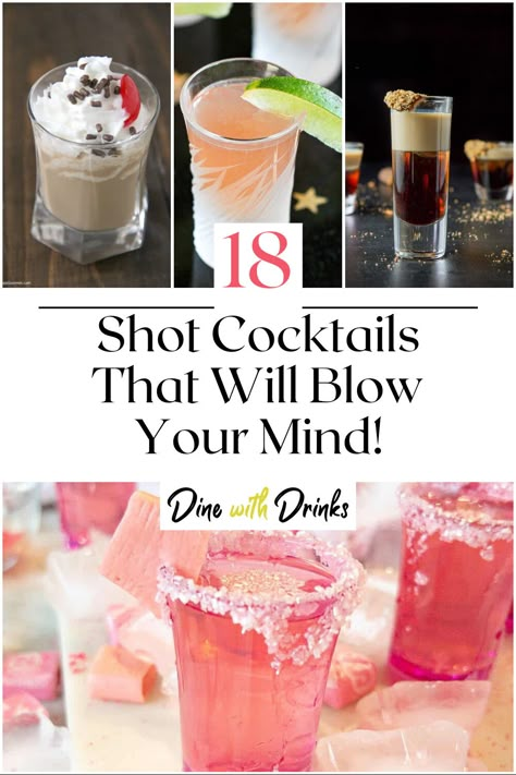 Collage of 4 shot cocktails. Drinks Alcohol Recipes Shots, Specialty Bar Drinks, Birthday Shooters Alcohol, Shots For Party Alcohol, Drinks Alcohol Recipes Bar, Cute Shots Alcohol, Creative Alcoholic Shots, Shots Alcohol Recipes Parties, Drinks To Serve At A Party