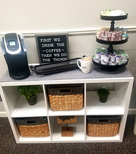 Small Coffee Bar For Office, Office Kitchen Snack Bar, Cubical Coffee Station, Coffee Bar Office Break Room, Coffee Shop Reading Corner Classroom, Coffee Bar Ideas Workplace, Break Room Coffee Station, Break Room Storage Ideas, Coffee Bar Ideas For School