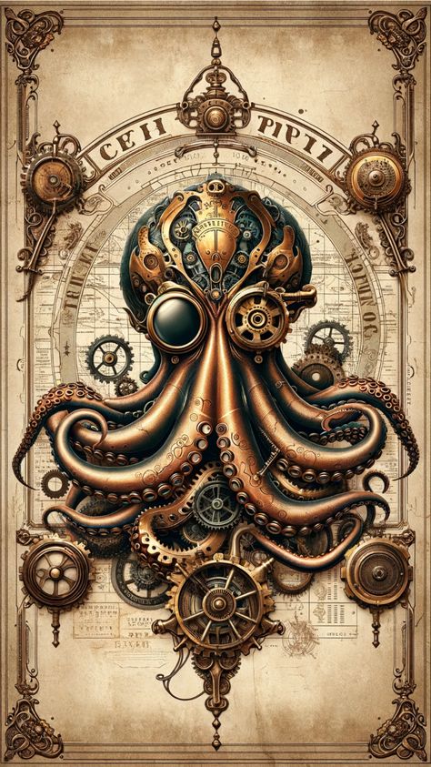 Dive into the deep with a captivating steampunk octopus, its tentacles adorned with gears and glistening with the essence of an underwater world transformed by Victorian ingenuity. Witness the graceful dance of this mechanical marvel beneath the waves, where fantasy meets the deep blue sea. Steam Punk Wallpaper, Steampunk Wallpaper, Steampunk Mixed Media Art, Steampunk Images, Hilarious Dogs, Steampunk Tattoo, Steampunk Illustration, Steampunk Animals, Octopus Tattoo Design