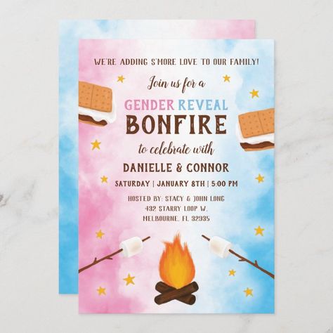 S’more Gender Reveal, Gender Reveal Bonfire, Bonfire Gender Reveal Ideas, Bonfire Gender Reveal, Blue And Pink Background, Baby Gender Reveal Party Decorations, Gender Reveal Unique, Gender Reveal Themes, Baby Announcement Pictures