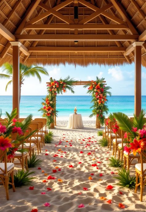 Small Wedding Ideas Beach Wedding Head Table, Flower Arch Beach Wedding, Tropical Beach Wedding Arch, Island Wedding Color Schemes, Tropical Wedding Arch Ideas, Hawaii Wedding Colors Palette, Wedding Flowers Tropical, Caribbean Wedding Decor, Tropical Wedding Theme Colors