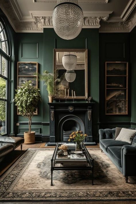 Design Home Trends of 2024 — GHD Color Drenching, Dark Living Room Ideas, Dark Green Living Room, Green Accent Walls, Dark Green Walls, Dark Living Rooms, Rooms Design, Color Coordination, Cosy Spaces