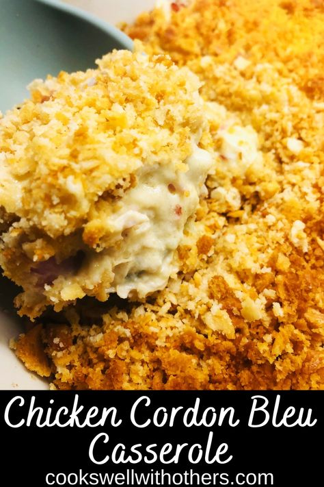 Cheesy, creamy chicken cordon bleu casserole is an easy dinner that the whole family loves! #kidfriendlymeals #onepanmeals #dinnerideas #easymeals Gordon Blue Chicken Recipe Cordon Bleu Casserole, Chicken Cordon Blue Slider, Baked Chicken Cordon Bleu Casserole, Cordonbleu Chicken Casserole Easy, Cordonbleu Chicken Casserole Recipe, Chicken Cordon Bleu Tetrazzini, Creamy Chicken Cordon Bleu Casserole, Chicken Cordon Blue Tetrazinni, Chicken Cordon Bleu Casserole Recipe