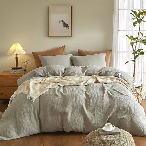 Amazon.com: SE SOFTEXLY Muslin Duvet Cover King Size, 100% Washed Cotton Duvet Cover Set, Ultra Soft Comforter Cover Linen Like, 3 Pieces Minimalist Gauze Duvet Cover with 2 Pillowcases, 90"x104", Light Brown : Home & Kitchen Natrual Bedding, Linen Duvet Set, Gauze Duvet Cover, Sage Comforter Bedroom Ideas, Green Duvet Bedroom Ideas, Sage Green Bedroom Bedding, Dark Duvet Covers, Tan Comforter Bedroom Ideas, Sage Comforter Bedroom