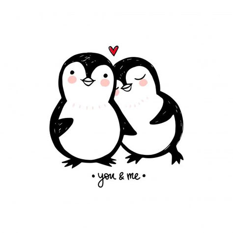 Penguin couple love illustration. doodle... | Premium Vector #Freepik #vector #baby #love #hand #character Penguin Couple Painting, Love Vector Illustration, Doodle Art Love Couple, Cute Paintings For Couples, Penguin Couple Drawing, Penguin Tattoo Couple, Valentine Illustration Cute, Love Doodles Couples, Cute Couple Art Doodle