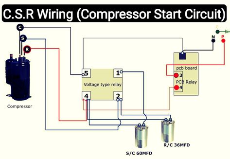 Air conditioner C.S.R wiring diagram compressor start full wiring - Fully4world Hvac Training, Air Conditioner Maintenance, Ac Wiring, Basic Electrical Wiring, Hvac Air Conditioning, Refrigeration And Air Conditioning, Electrical Circuit Diagram, Air Conditioner Compressor, Electrical Diagram