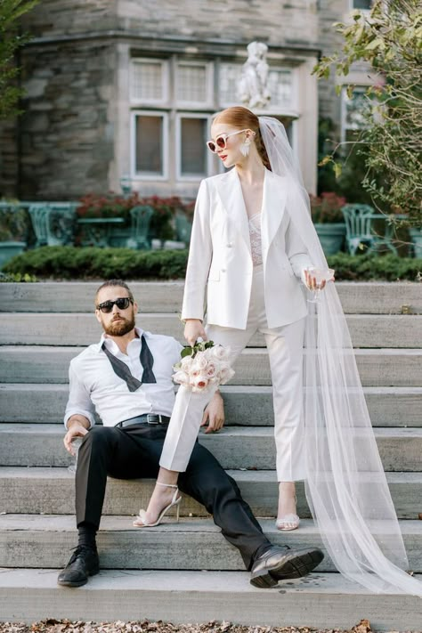 Sexy untraditional bridal look with a white pant suit and sheer lace bustier top under the jacket. #bridalseparates #bridalsuit #untraditionalbride Bridal Pant Suit, Wedding Suits For Bride, Bridal Pants, Bride Suit, Women Suits Wedding, Courthouse Elopement, Bridal Suits, Pre Wedding Photoshoot Outfit, Civil Wedding Dresses