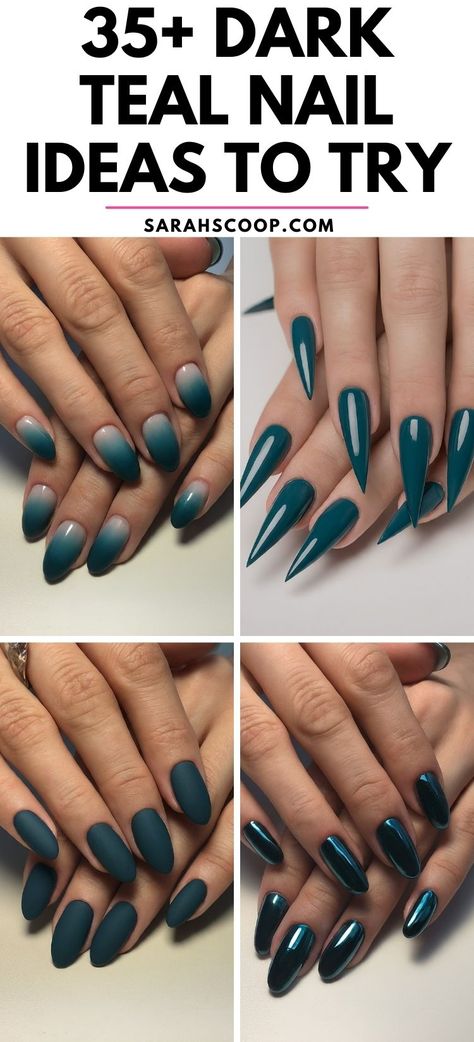 These dark teal nail ideas will breathe new depth into your nail art game. It's the perfect pop of color for a night out, a special event, or even everyday wear! #NailDesigns #NailArt #Nails Dark Teal Nails With Gold, Teal And Grey Nails Design, Teal Nails Matte, Black Nails With Blue Tips, Shades Of Teal Nails, Maroon And Teal Nails, Dark Teal Chrome Nails, Dark Teal Fall Nails, Dark Teal And Gold Nails