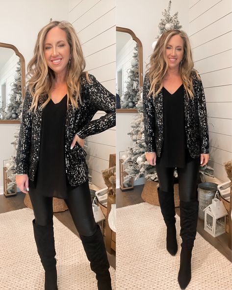 Black Sequined Blazer Outfit, Black Sparkle Blazer Outfit, New Years Sparkle Outfit, Sequin Nye Outfit, Sparkle Ankle Boots Outfit, Silver Sequin Boots Outfit, Sparkly Jacket Outfit, 40th Birthday Women Outfit, Sequin Concert Outfit Ideas