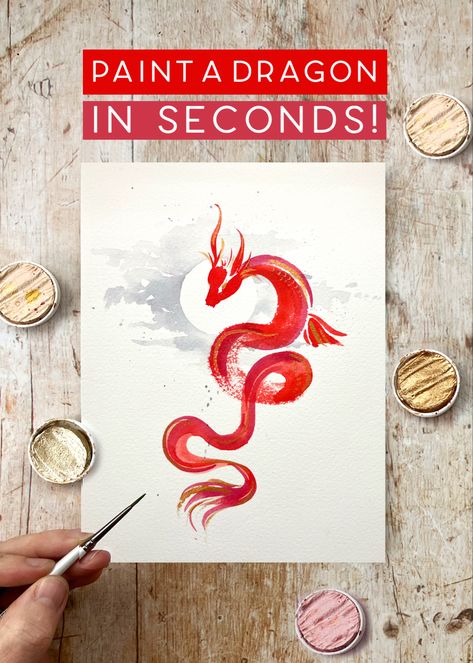 Paint a quick and easy watercolour dragon to celebrate lunar new year. Click the link to watch. Chinese Dragon Watercolor Paintings, Watercolor Dragon Tutorial, Lunar New Year Painting, Dragon Watercolor Painting, Dragon Painting Easy, Lunar New Year Drawing, Watercolour Dragon, Chinese Dragon Drawing, Dragon Watercolor