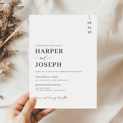 $1.98 | Simple Elegant Black and White Minimalist Wedding Invitation #simpleelegantminimalistwedding #fancyuniqueluxurymodernwedding #formalblackandwhitewedding #stylishchicscriptcalligraphywedding #fallsummerspringwinterwedding #cleansleeksophisticatedwedding #whimsicalcontemporaryvintagewedding #timelesstraditionalaestheticwedding #bohorusticdelicatetypographywedding #classyneutralblacktiewedding White Minimalist Wedding, Black White Wedding Invitations, Elegant Minimalist Wedding, Black Tie Wedding Invitations, Wedding Fancy, Wedding Timeless, Wedding Whimsical, Typography Wedding, Black And White Wedding Invitations