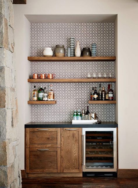 really like the size of this dry bar. Open shelving is nice and the wallpaper is very interesting Wet Bar Ideas, Bar Nook, Home Wet Bar, Modern Home Bar, Diy Home Bar, Built In Bar, Home Bar Designs, Coffee Bar Home, Bar Designs