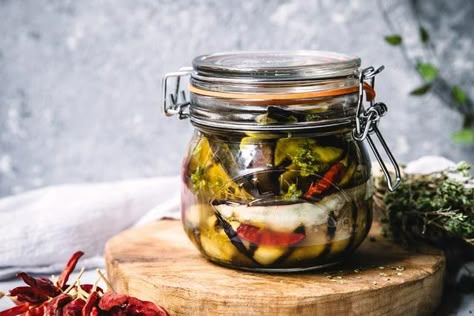 The Best Ever Marinated Eggplant | KetoDiet Blog Marinated Eggplant, Pickled Eggplant, Healthy Crackers, Small Eggplant, Snacks Vegan, Eggplant Recipe, Dried Chillies, Italian Herbs, Fermented Vegetables