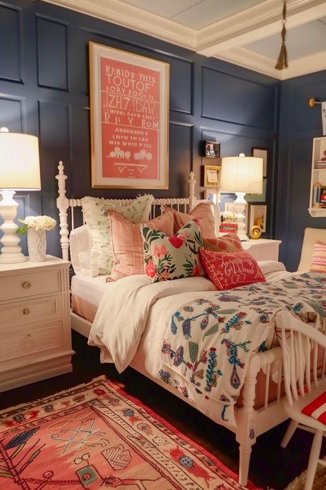 Escape to elegance in your bedroom with preppy decor using 38 ideas. Discover tips for creating a charming and stylish haven effortlessly. #ElegantEscape #PreppyBedroom Quilt On Wall In Bedroom, Homey Feeling Bedroom, Quirky Guest Bedroom, Large Kids Bedroom Layout, Charming Home Decor, Master Bedrooms Decor Colorful, Pink And Blue Bedroom Ideas Kids, Martha Stewart Bedroom, Room Inspo Blue Walls