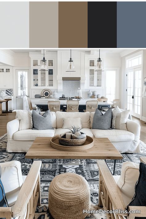 Modern Coastal Farmhouse [Living Space Concept] Coastal Farmhouse Accent Wall, Luxury Beach Condo Interior Design, Coastal Boho Apartment, Farmhouse With Blue Accents, Lake House Mood Board, Farmhouse Great Room Open Floor, Coastal With Black Accents, Coastal Barndominium, Transitional Coastal Living Room