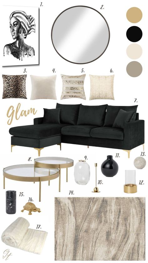 Black Living Room Sofas, Black And Good Living Room, Black White Grey Gold Living Room Rugs, Black Gold Apartment, Glam Living Room Lamps, Black Gold White Living Room Decor, Black And Gold Couch Living Room, Black And Gold Sofa Living Room, Black And Gold Living Room Area Rugs