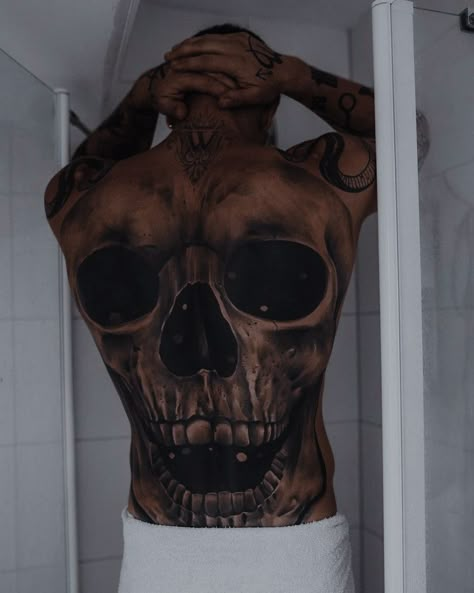 Spooky Tattoo Ideas, Back Piece Tattoo Men, Mens Face Tattoos, Back Tattoos For Guys Upper, Full Neck Tattoos, Full Chest Tattoos, Skull Sleeve Tattoos, Skull Sleeve, Back Piece Tattoo