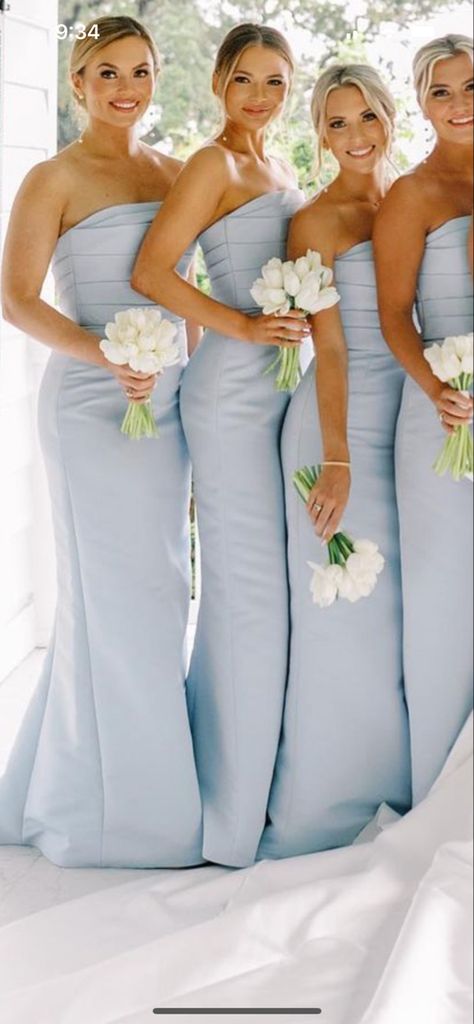 Strapless Blue Bridesmaid Dresses, Southern Wedding Bridesmaid Dresses, Pale Wedding Colors, Classy Blue Bridesmaid Dresses, Flowers With Blue Bridesmaid Dresses, Hydrangea Blue Bridesmaid Dress, Wedding Decor Light Blue, Costal Wedding Bridesmaids, Blue Printed Bridesmaid Dresses