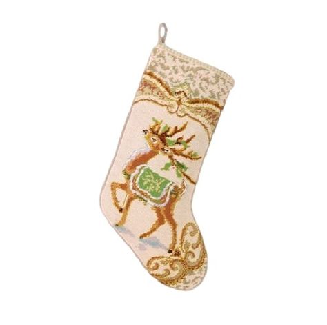 Reindeer Stocking, Needlepoint Stocking, Holiday Tree Skirts, Vintage Burlap, Needlepoint Stockings, Gold Reindeer, Christmas Stocking Pattern, Christmas Linen, Hanging Stockings