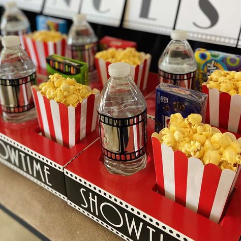 Classroom Movie Party, Movie Night Candy Display, Private Movie Theater Party, Movie Theater Party Ideas, Theatre Birthday Party, Kids Movie Party, Movie Night Party Decorations, Movie Theatre Birthday Party, Night Party Decorations