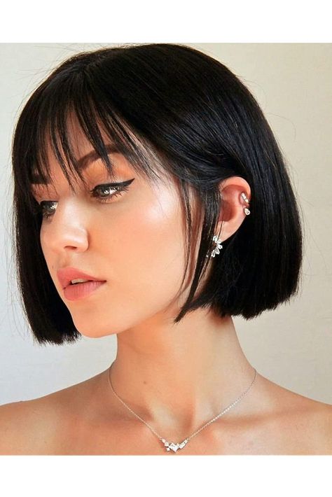 XIUFAXIRUSI XIUFAXIRUSI Short Black Bob Wigs with Cute Bangs Short Straight Wigs for Women Silky Women¡¯s Wig Heat Resistant Wigs for Daily Party Cosplay Short Straight Hairstyles With Bangs, Straight Hairstyles With Bangs, Short Straight Hairstyles, Short Black Hair, Black Bob, Straight Wigs, Bangs Short, Brown Fall, Nails 2021