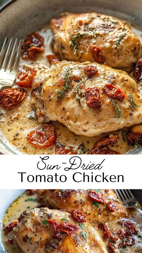 Discover the perfect fall recipe with this creamy sun-dried tomato chicken. Made in one pan, it’s a quick and easy dinner idea that’s bursting with bold flavors. The creamy sauce and tender chicken make it a standout dish, ideal for family meals or entertaining guests. Tomato Recipes Healthy, Chicken Recipes With Tomatoes, Perfect Baked Chicken, Sundried Tomato Chicken, Sun Dried Tomato Sauce, Pan Chicken Recipes, Creamy Chicken Recipes, Tomato Cream Sauce, Mediterranean Diet Recipes Dinners