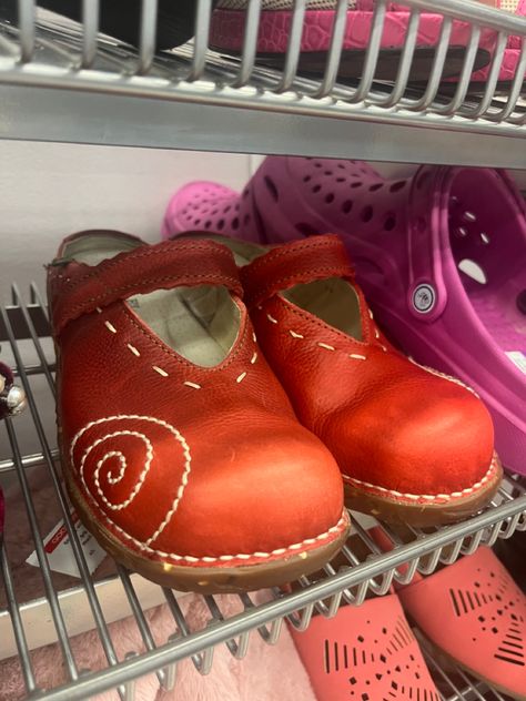 Red, twee, vintage clogs with a spiral, mary Janes, Brand: Naturalista Weird Clothing, Red Clogs, Red Spiral, Valentine's Outfit, Vintage Clogs, Crazy Outfits, Closet Inspiration, Valentines Outfits, Red Flowers