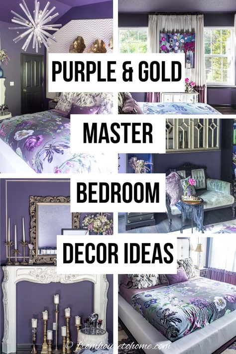 purple and gold master bedroom decor ideas Dark Purple Bedroom Walls, Purple And Gold Bedroom Ideas, Purple Bedroom Walls, Purple And Gold Bedroom, Dark Purple Walls, Dramatic Bedroom, Teal Rooms, Purple Bedroom Decor, Purple Bedrooms