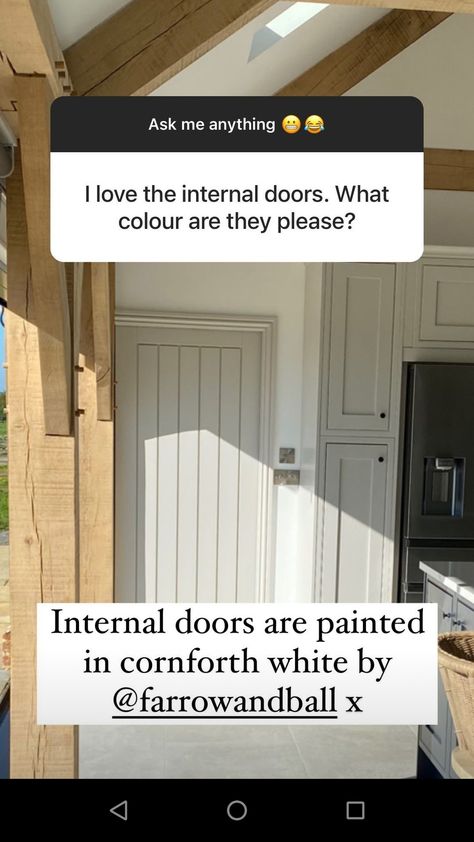 Door And Skirting Colour, Painted Internal Doors, Cornforth White Hallway, Writers Cabin, Brown Cupboards, White Hallway, Cornforth White, Elephants Breath, Modern Bungalow House Design