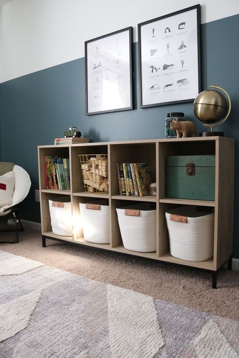 Boys Room Book Storage, Boyish Room Ideas, Storage For Boys Bedroom, Big Boy Room Artwork, Little Boy Bedroom Toy Storage, Toy Storage Wall Ideas, Neutral Toy Storage, Boy Bedroom Storage Ideas, Toddler Boy Room Toy Storage