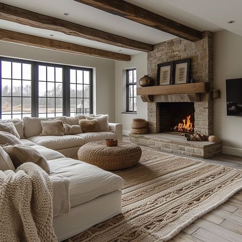 Living Room Sectional Fireplace, Spanish Mediterranean Interior Design, Earthy Organic Living Room, Farm Living Room, Modern Rustic Living Room, Rustic Farmhouse Living Room, Casa Country, Modern Luxury Bedroom, Cottage Interior