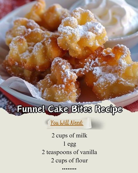 Homemade Recipes Carnival Funnel Cake, Funnel Cake Bites Recipe, Cake Bites Recipe, Funnel Cake Bites, Funnel Cake Recipe, Funnel Cakes, Cake Bites, Grandmas Recipes, Funnel Cake