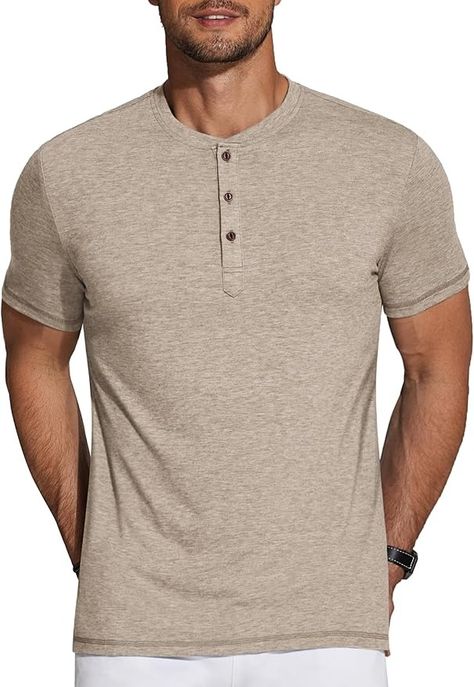 COOFANDY Men's Short Sleeve Henley Shirts Basic Tee Summer Solid Button T Shirts Lightweight Shirts Khaki | Amazon.com Mens Clothing Brands, Short Sleeve Henley, Wardrobe Makeover, Henley Shirt Men, Button Shirts, Mens Henley, Shirts Short Sleeve, Style Formal, Mens Linen