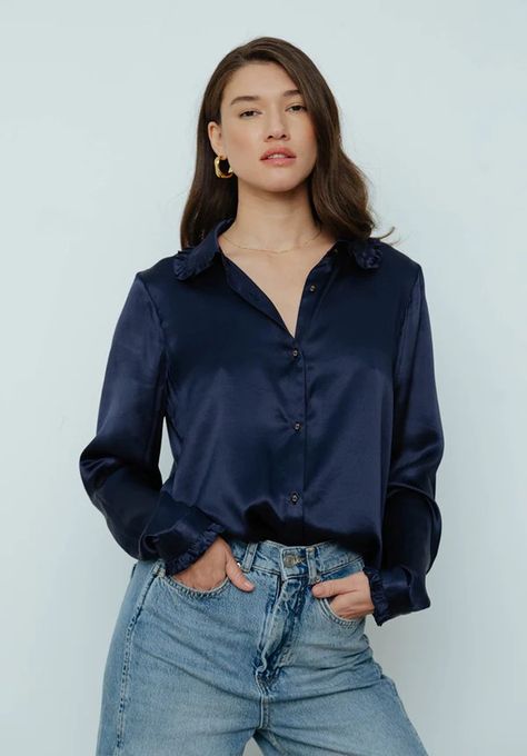 Outfit Inspiration for a Memorable Girls' Night Out - Melanie's Fab Finds Navy Satin Shirt Outfit, Navy Silk Shirt, Satin Shirt Outfit, Silk Shirt Outfit, Silk Blouse Outfit, Satin Blouse Outfit, Feminine Tops, Dark Blue Blouse, Satin Shirts