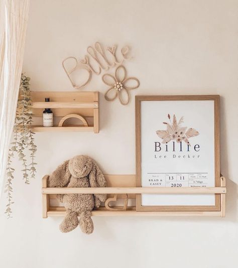 45+ Adorable Nursery Shelf Decor Ideas You Need To See Floating Shelf In Nursery, Ikea Shelves Nursery, Baby Shelf Decor, Wooden Nursery Decor, Nursery Shelves Decor, Shelves In Nursery, Nursery Shelving Ideas, Wall Shelf Ideas Bedroom, Kids Shelf Decor